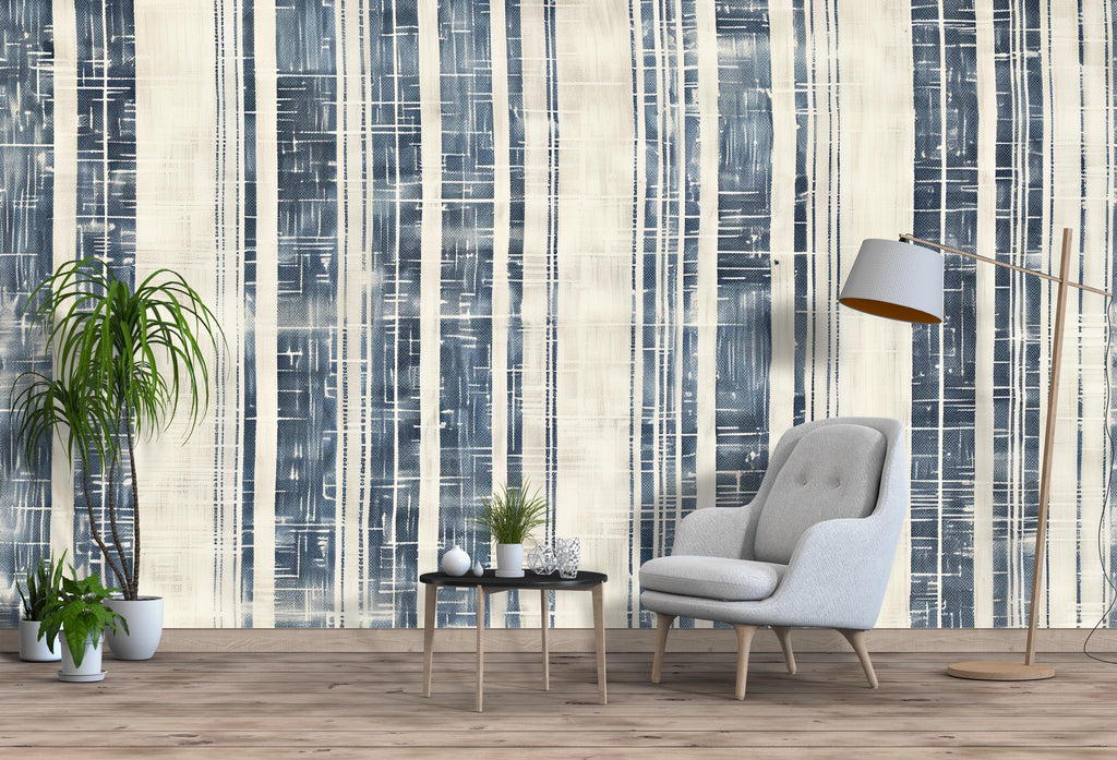 Modern Navy Textured Stripe Wallpaper Mural | Blue & Beige Linen Inspired Wall Decor | Stylish Bold Statement Wall Art for Living Room