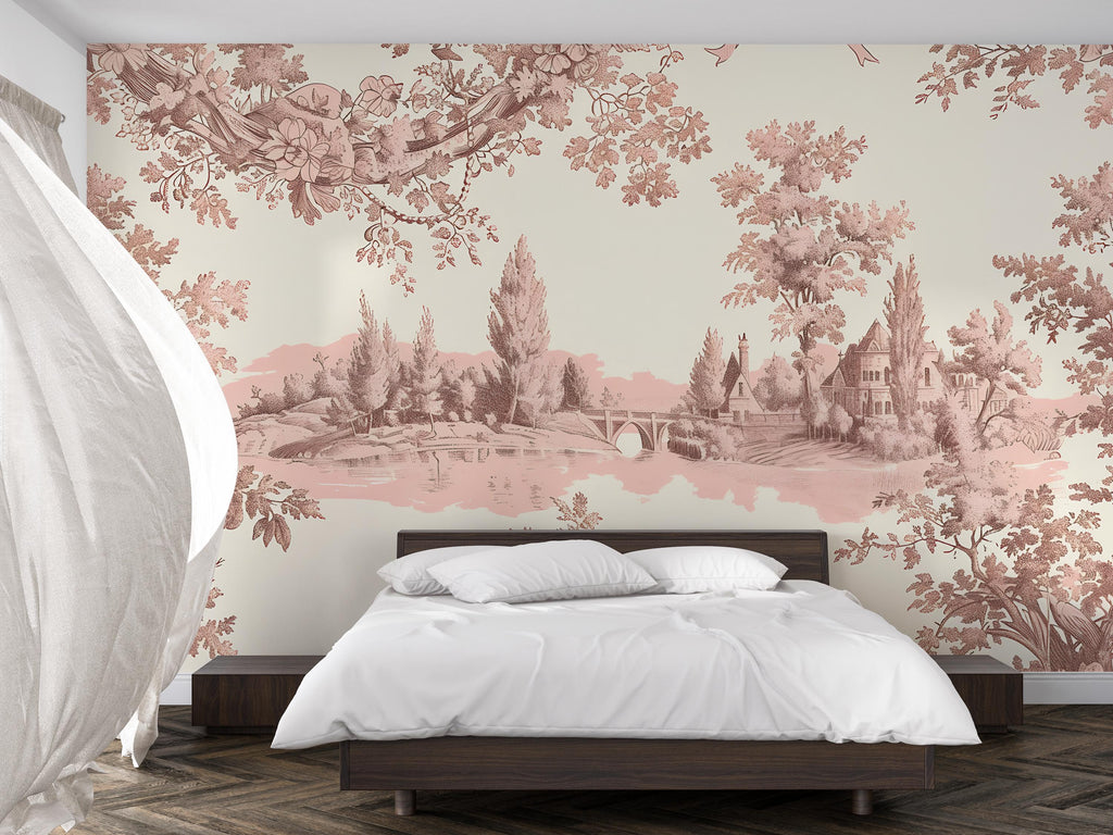 Romantic Toile Wallpaper Mural in Blush Pink & Sepia | Vintage French Style Scenic Wall Art | Elegant Statement Wall Decor for Bedroom