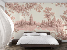 Load image into Gallery viewer, Romantic Toile Wallpaper Mural in Blush Pink &amp; Sepia | Vintage French Style Scenic Wall Art | Elegant Statement Wall Decor for Bedroom