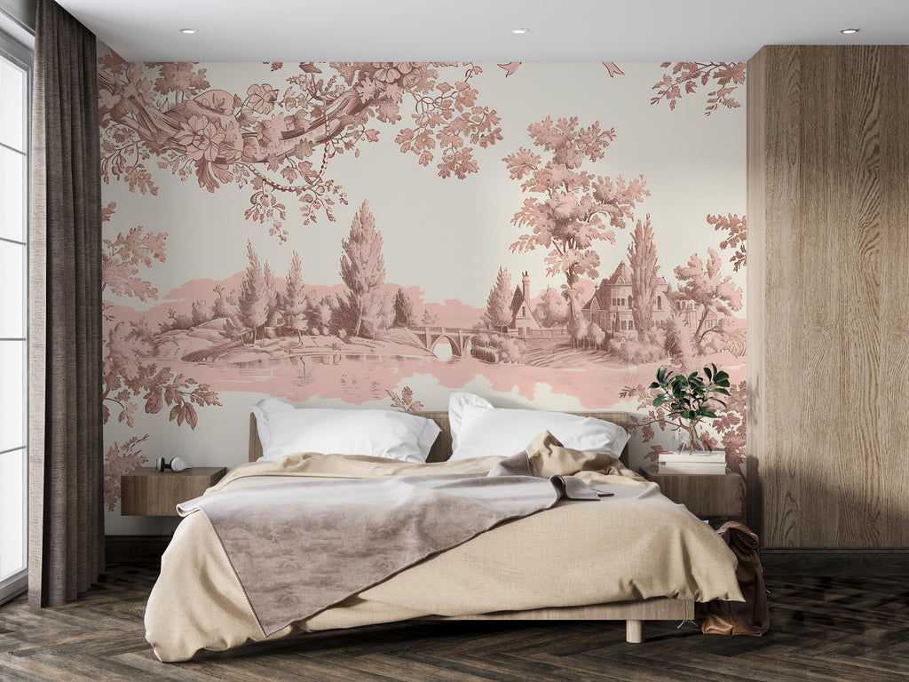 Romantic Toile Wallpaper Mural in Blush Pink & Sepia | Vintage French Style Scenic Wall Art | Elegant Statement Wall Decor for Bedroom