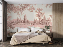 Load image into Gallery viewer, Romantic Toile Wallpaper Mural in Blush Pink &amp; Sepia | Vintage French Style Scenic Wall Art | Elegant Statement Wall Decor for Bedroom