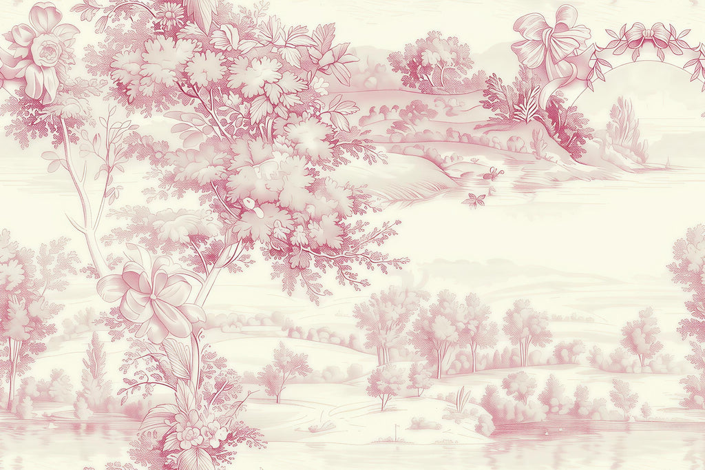 Romantic Pink Toile Wallpaper Mural | French Country Scenic Wall Art | Elegant Vintage Pastoral Style Wall Decor | Stylish Statement Gift