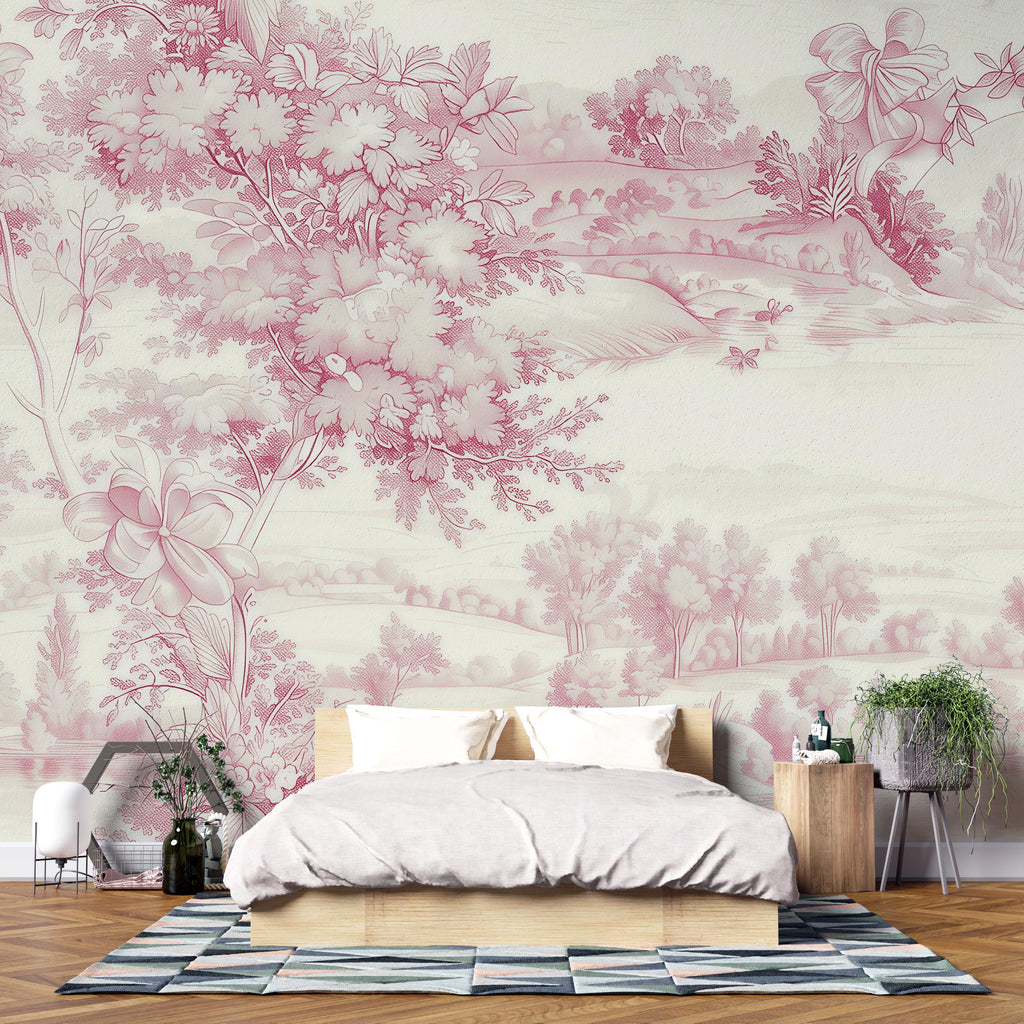 Romantic Pink Toile Wallpaper Mural | French Country Scenic Wall Art | Elegant Vintage Pastoral Style Wall Decor | Stylish Statement Gift