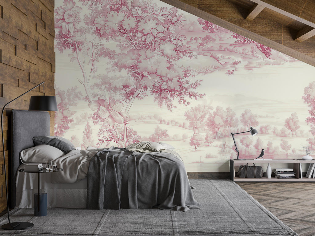 Romantic Pink Toile Wallpaper Mural | French Country Scenic Wall Art | Elegant Vintage Pastoral Style Wall Decor | Stylish Statement Gift