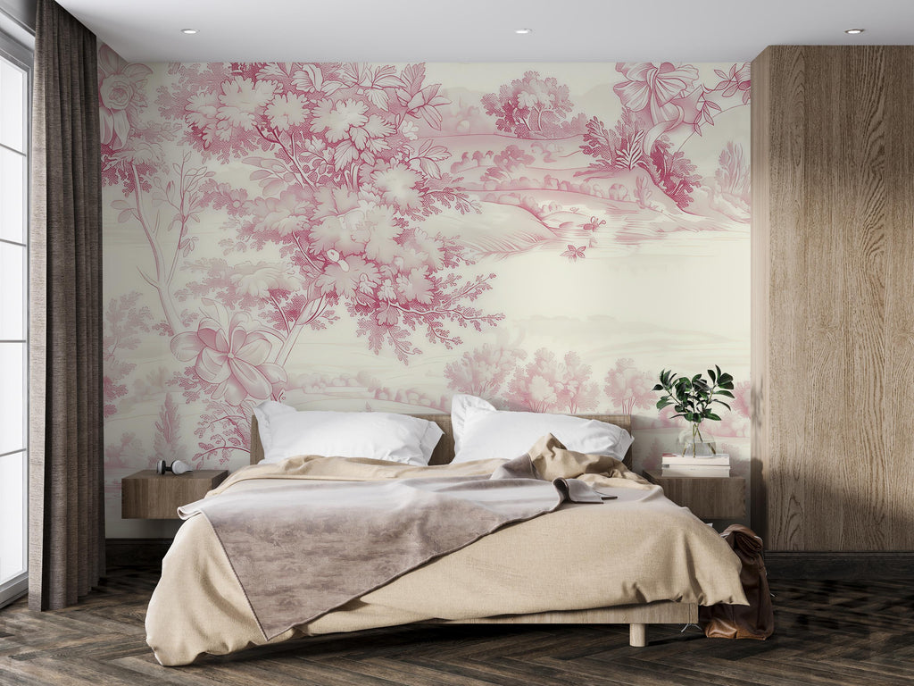 Romantic Pink Toile Wallpaper Mural | French Country Scenic Wall Art | Elegant Vintage Pastoral Style Wall Decor | Stylish Statement Gift