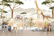 Load image into Gallery viewer, Safari Animals Wallpaper Mural For Kids Room – Giraffe &amp; Elephant Wall Decor, Jungle Safari Nursery Wallpaper, Playroom Safari Wall Art