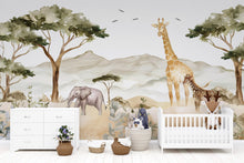 Load image into Gallery viewer, Safari Animals Wallpaper Mural For Kids Room – Giraffe &amp; Elephant Wall Decor, Jungle Safari Nursery Wallpaper, Playroom Safari Wall Art