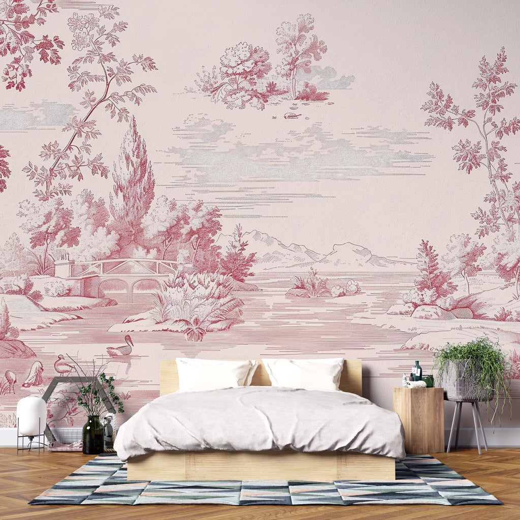 Pink Toile Wallpaper Mural – Elegant Vintage French Style Wall Decor For Bedroom, Romantic Country Wall Art, Stylish Wallpaper Gift
