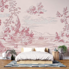 Load image into Gallery viewer, Pink Toile Wallpaper Mural – Elegant Vintage French Style Wall Decor For Bedroom, Romantic Country Wall Art, Stylish Wallpaper Gift