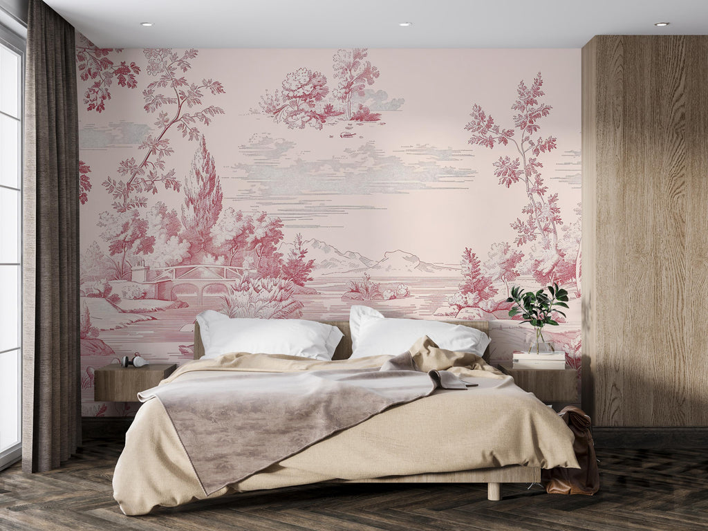 Pink Toile Wallpaper Mural – Elegant Vintage French Style Wall Decor For Bedroom, Romantic Country Wall Art, Stylish Wallpaper Gift
