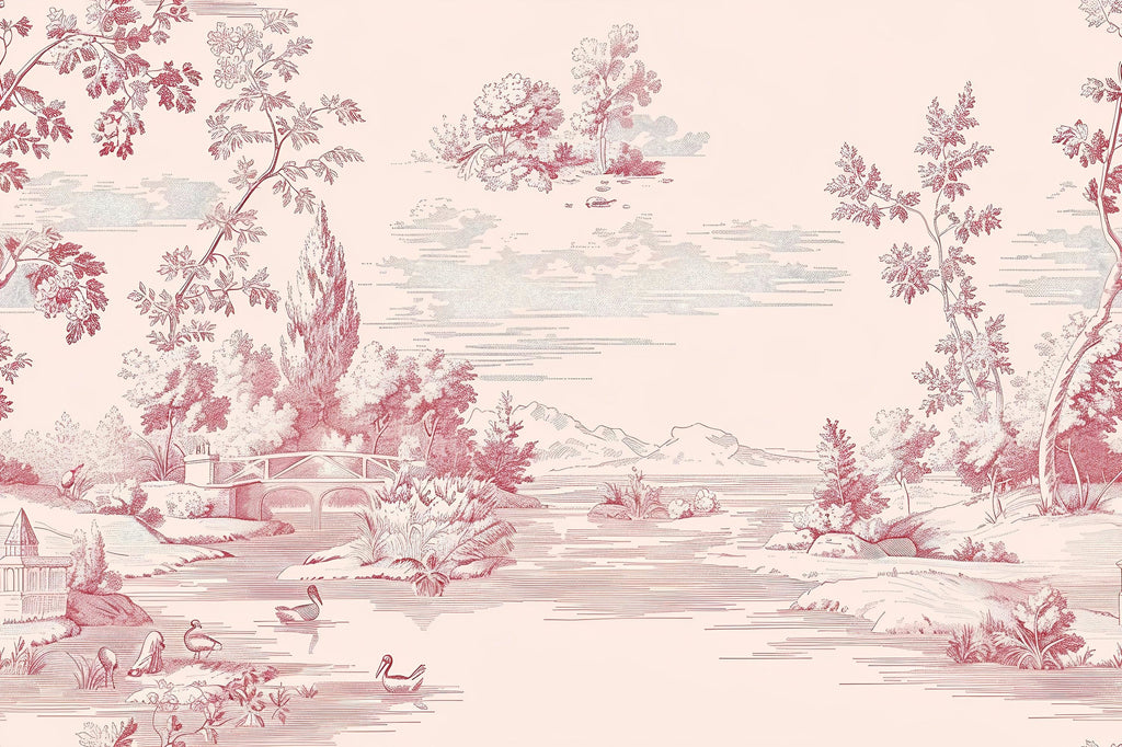 Pink Toile Wallpaper Mural – Elegant Vintage French Style Wall Decor For Bedroom, Romantic Country Wall Art, Stylish Wallpaper Gift