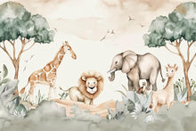 Load image into Gallery viewer, Safari Jungle Animal Wallpaper Mural – Cute Lion Giraffe Elephant Nursery Wall Decor, Kids Room Safari Theme, Baby Shower Gift Peel &amp; Stick
