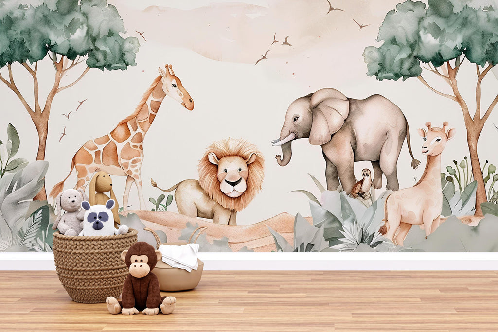 Safari Jungle Animal Wallpaper Mural – Cute Lion Giraffe Elephant Nursery Wall Decor, Kids Room Safari Theme, Baby Shower Gift Peel & Stick