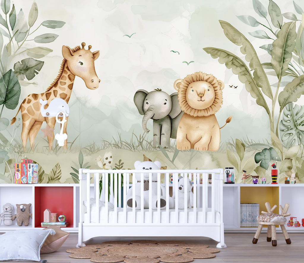 Safari Jungle Animal Wallpaper Mural – Cute Giraffe Elephant Lion Nursery Wall Decor, Kids Room Jungle Theme, Baby Shower Gift Peel & Stick
