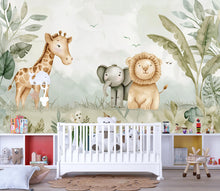 Load image into Gallery viewer, Safari Jungle Animal Wallpaper Mural – Cute Giraffe Elephant Lion Nursery Wall Decor, Kids Room Jungle Theme, Baby Shower Gift Peel &amp; Stick