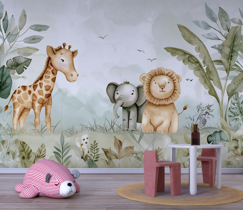 Safari Jungle Animal Wallpaper Mural – Cute Giraffe Elephant Lion Nursery Wall Decor, Kids Room Jungle Theme, Baby Shower Gift Peel & Stick