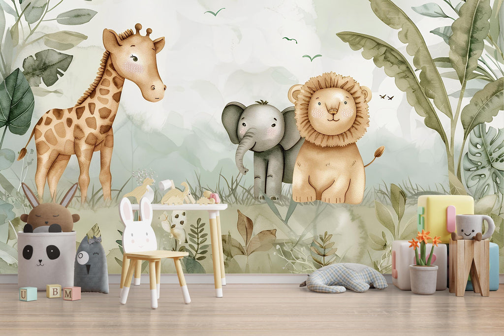 Safari Jungle Animal Wallpaper Mural – Cute Giraffe Elephant Lion Nursery Wall Decor, Kids Room Jungle Theme, Baby Shower Gift Peel & Stick