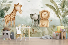 Load image into Gallery viewer, Safari Jungle Animal Wallpaper Mural – Cute Giraffe Elephant Lion Nursery Wall Decor, Kids Room Jungle Theme, Baby Shower Gift Peel &amp; Stick