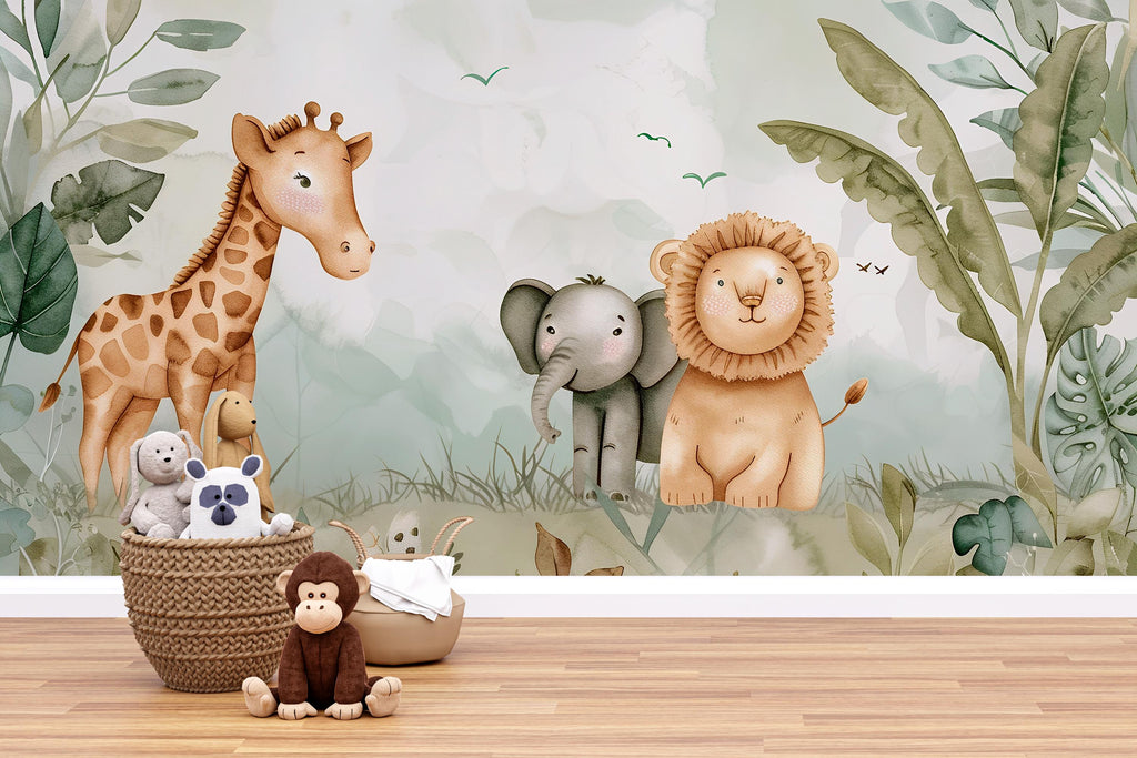 Safari Jungle Animal Wallpaper Mural – Cute Giraffe Elephant Lion Nursery Wall Decor, Kids Room Jungle Theme, Baby Shower Gift Peel & Stick