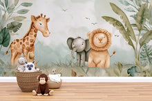 Load image into Gallery viewer, Safari Jungle Animal Wallpaper Mural – Cute Giraffe Elephant Lion Nursery Wall Decor, Kids Room Jungle Theme, Baby Shower Gift Peel &amp; Stick
