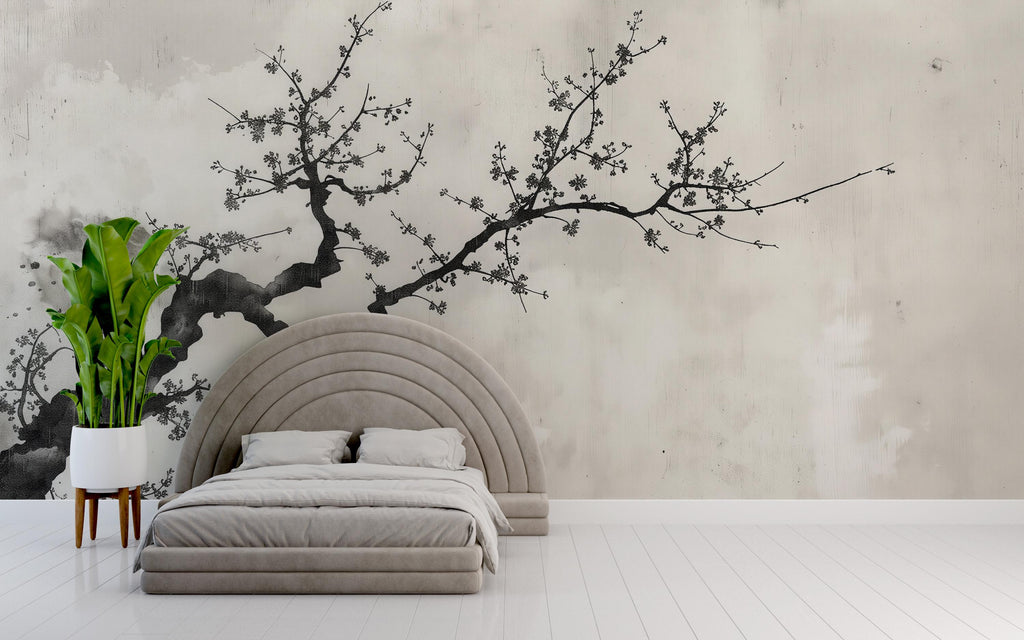 Japanese Cherry Blossom Tree Branch Wallpaper Mural – Minimalist Zen Style Wall Decor, Modern Neutral Aesthetic, Stylish Gift, Peel & Stick
