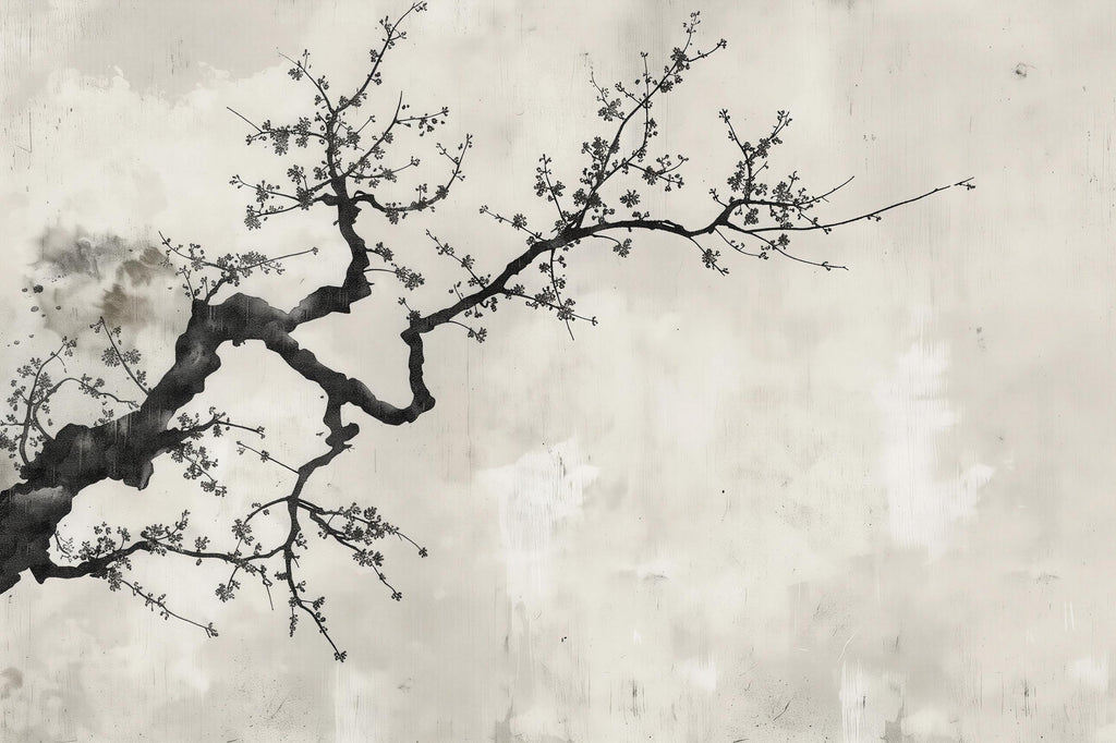 Japanese Cherry Blossom Tree Branch Wallpaper Mural – Minimalist Zen Style Wall Decor, Modern Neutral Aesthetic, Stylish Gift, Peel & Stick