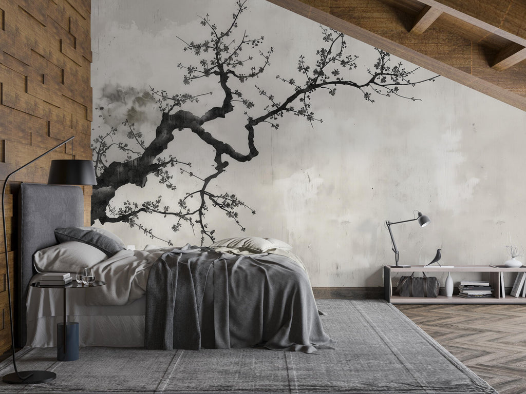 Japanese Cherry Blossom Tree Branch Wallpaper Mural – Minimalist Zen Style Wall Decor, Modern Neutral Aesthetic, Stylish Gift, Peel & Stick