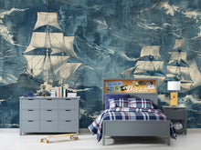 Load image into Gallery viewer, Nautical Tall Ship Wallpaper Mural – Vintage Sailing Ocean Scene Wall Decor, Bold Navy Blue Adventure Theme, Stylish Gift, Peel &amp; Stick Wall
