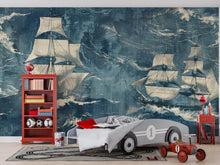 Load image into Gallery viewer, Nautical Tall Ship Wallpaper Mural – Vintage Sailing Ocean Scene Wall Decor, Bold Navy Blue Adventure Theme, Stylish Gift, Peel &amp; Stick Wall
