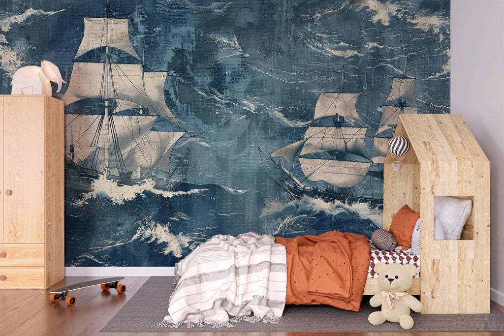 Nautical Tall Ship Wallpaper Mural – Vintage Sailing Ocean Scene Wall Decor, Bold Navy Blue Adventure Theme, Stylish Gift, Peel & Stick Wall
