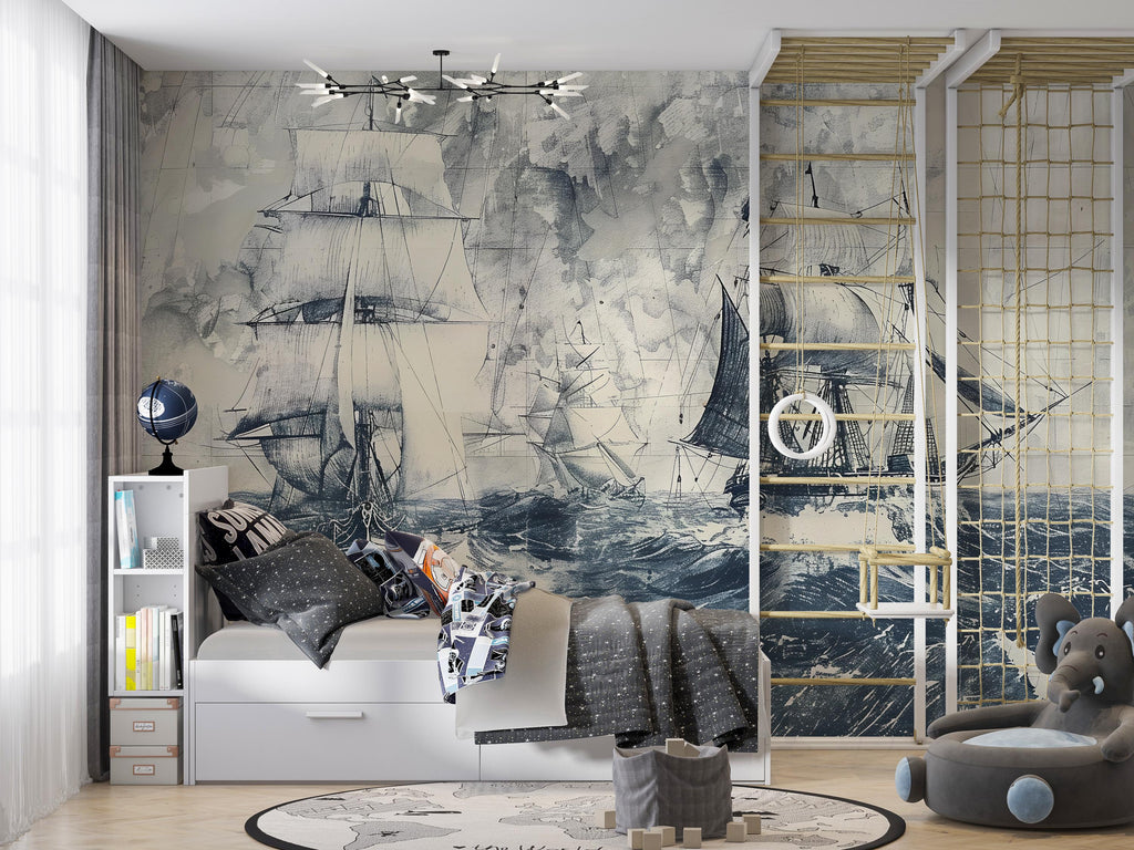 Nautical Sailing Ship Wallpaper, Vintage Ocean Wall Mural, Maritime Sea Decor, Bold Coastal Wall Art, Stylish Boys Room Wallpaper Gift Idea