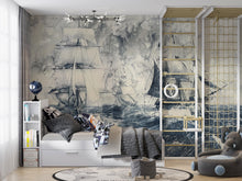 Load image into Gallery viewer, Nautical Sailing Ship Wallpaper, Vintage Ocean Wall Mural, Maritime Sea Decor, Bold Coastal Wall Art, Stylish Boys Room Wallpaper Gift Idea