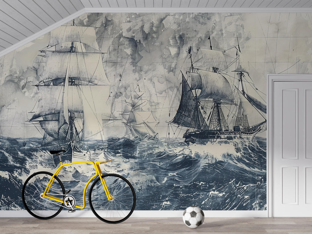 Nautical Sailing Ship Wallpaper, Vintage Ocean Wall Mural, Maritime Sea Decor, Bold Coastal Wall Art, Stylish Boys Room Wallpaper Gift Idea