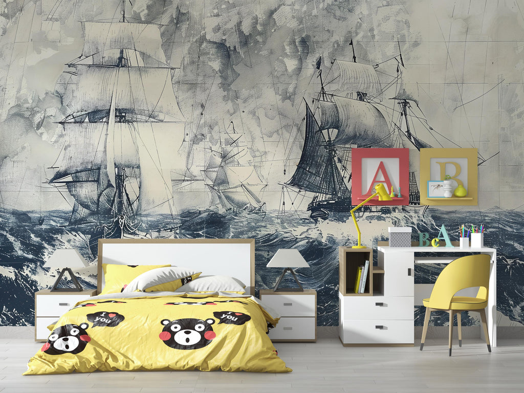 Nautical Sailing Ship Wallpaper, Vintage Ocean Wall Mural, Maritime Sea Decor, Bold Coastal Wall Art, Stylish Boys Room Wallpaper Gift Idea