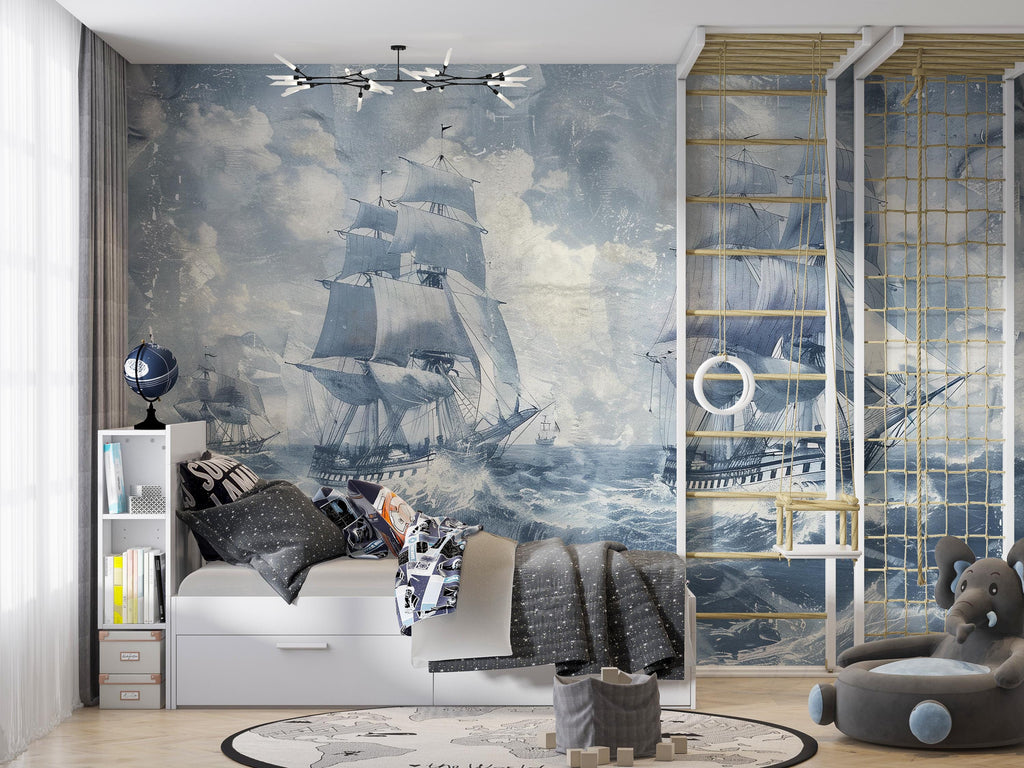 Vintage Sailing Ship Wallpaper, Nautical Ocean Wall Mural, Maritime Sea Decor for Boys Room, Bold Coastal Wall Art, Stylish Gift Wallpaper