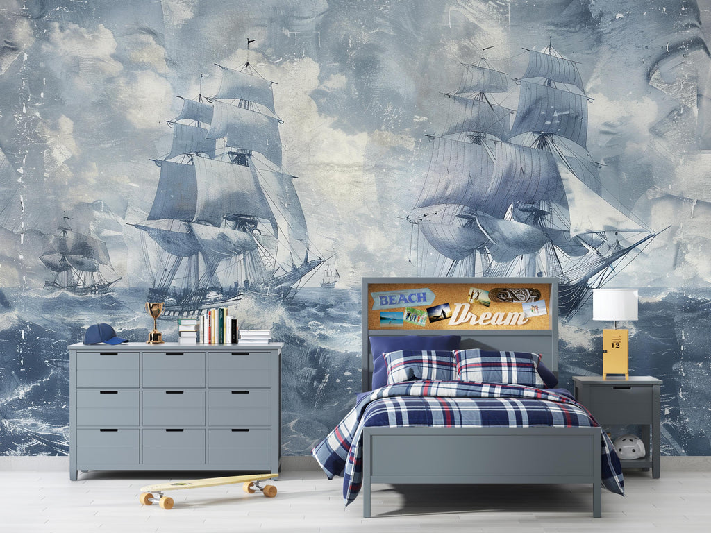 Vintage Sailing Ship Wallpaper, Nautical Ocean Wall Mural, Maritime Sea Decor for Boys Room, Bold Coastal Wall Art, Stylish Gift Wallpaper