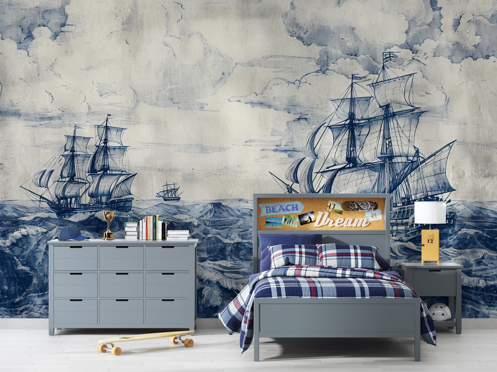 Nautical Sailing Ship Wallpaper, Vintage Ocean Wall Mural, Coastal Maritime Decor, Navy Blue Sea Wall Art for Bold Rooms, Stylish Gift Wall