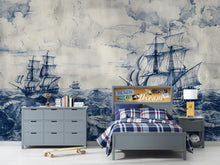 Load image into Gallery viewer, Nautical Sailing Ship Wallpaper, Vintage Ocean Wall Mural, Coastal Maritime Decor, Navy Blue Sea Wall Art for Bold Rooms, Stylish Gift Wall