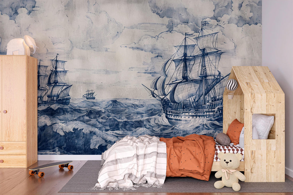 Nautical Sailing Ship Wallpaper, Vintage Ocean Wall Mural, Coastal Maritime Decor, Navy Blue Sea Wall Art for Bold Rooms, Stylish Gift Wall
