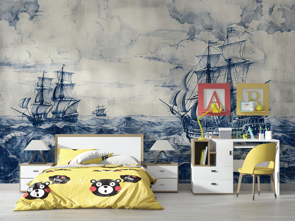 Nautical Sailing Ship Wallpaper, Vintage Ocean Wall Mural, Coastal Maritime Decor, Navy Blue Sea Wall Art for Bold Rooms, Stylish Gift Wall