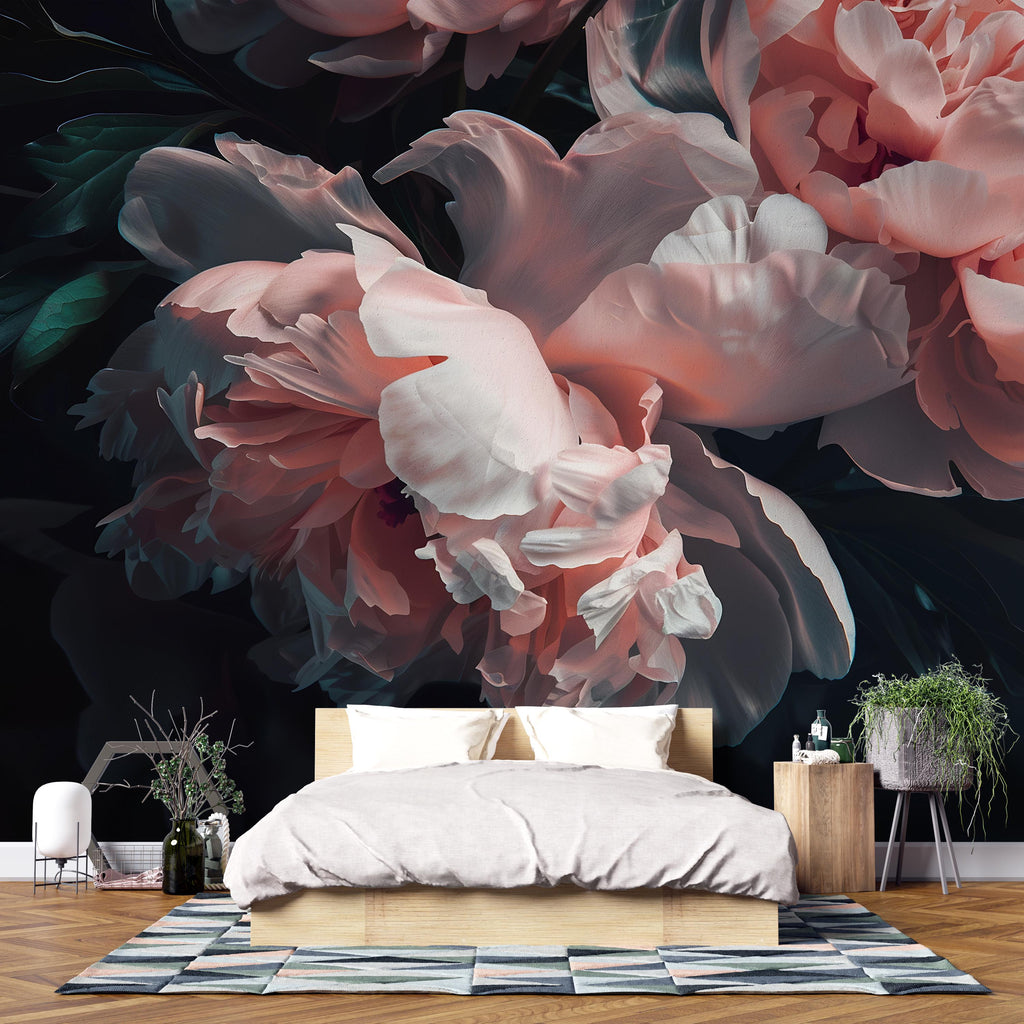 Dark Floral Wallpaper Mural, Oversized Peony Wall Art, Bold Romantic Flower Wall Decor, Stylish Modern Wallpaper for Bedroom or Living Room