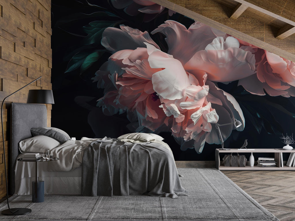 Dark Floral Wallpaper Mural, Oversized Peony Wall Art, Bold Romantic Flower Wall Decor, Stylish Modern Wallpaper for Bedroom or Living Room