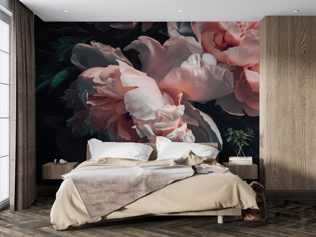 Dark Floral Wallpaper Mural, Oversized Peony Wall Art, Bold Romantic Flower Wall Decor, Stylish Modern Wallpaper for Bedroom or Living Room