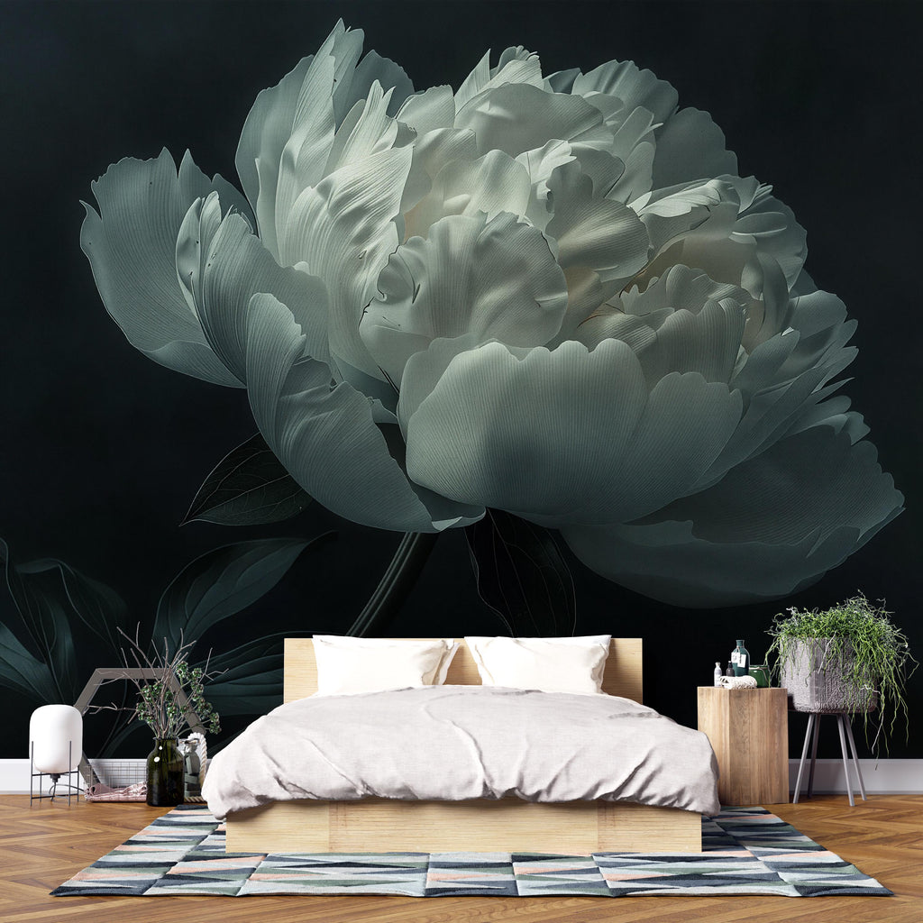 White Floral Wallpaper Mural – Elegant Oversized Peony Wall Decor for Bedroom or Living Room – Modern Removable Wallpaper Stylish Bold