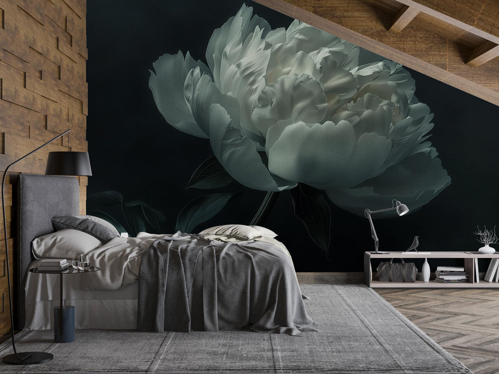 White Floral Wallpaper Mural – Elegant Oversized Peony Wall Decor for Bedroom or Living Room – Modern Removable Wallpaper Stylish Bold