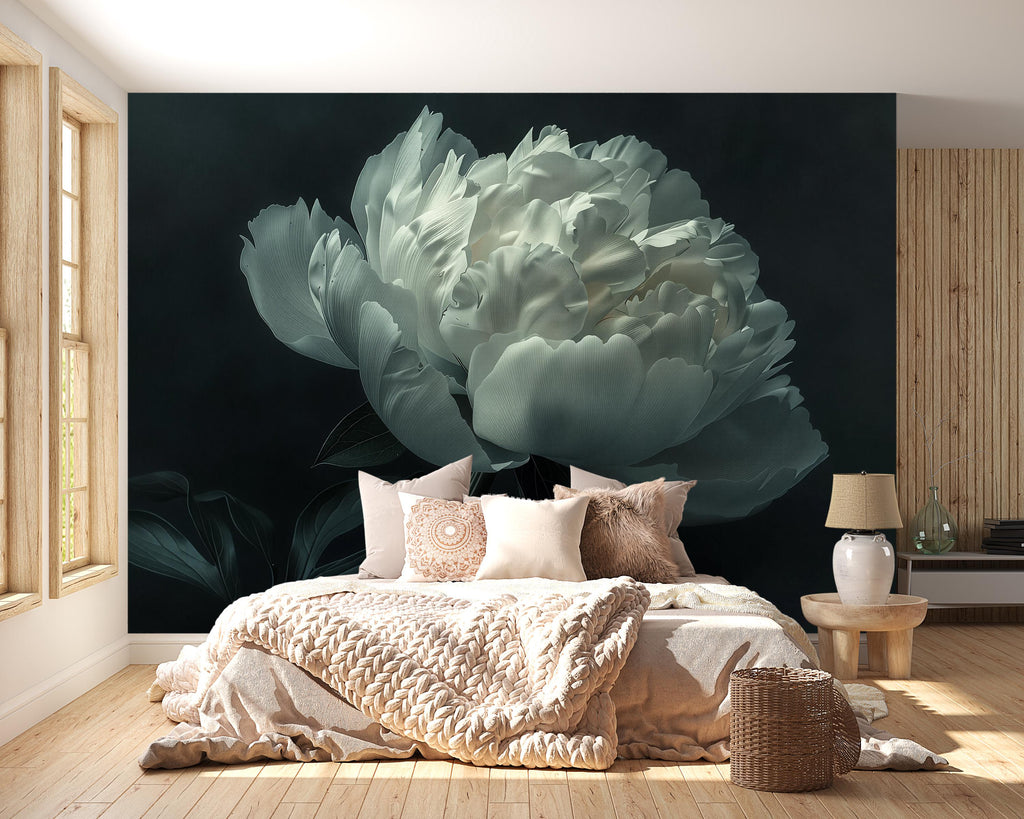 White Floral Wallpaper Mural – Elegant Oversized Peony Wall Decor for Bedroom or Living Room – Modern Removable Wallpaper Stylish Bold