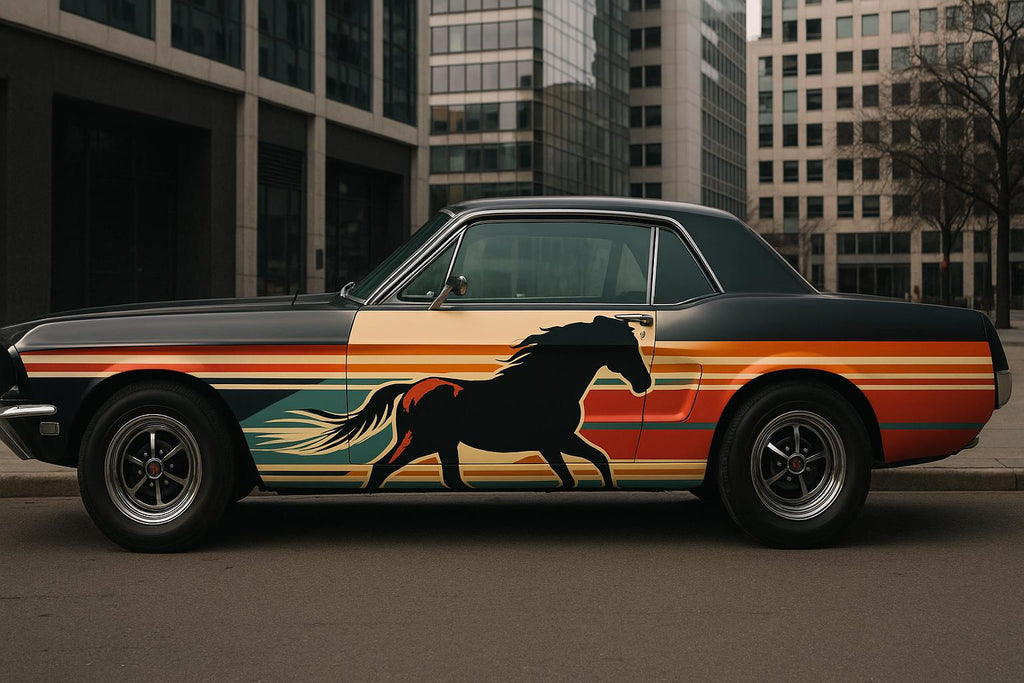 Retro Mustang Horse Car Wrap | Vintage Racing Stripe Vinyl | Gift For Classic Car Lovers | Custom Vehicle Wrap | Sunset Art Decal