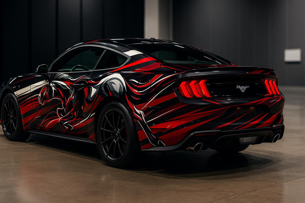 Black Red Mustang Horse Car Wrap | Custom Racing Vinyl | Muscle Car Wrap | Gift For Car Lovers | Show Car Graphics | Holiday Automotive Art
