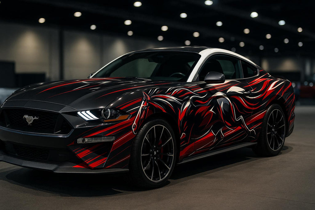 Black Red Mustang Horse Car Wrap | Custom Racing Vinyl | Muscle Car Wrap | Gift For Car Lovers | Show Car Graphics | Holiday Automotive Art