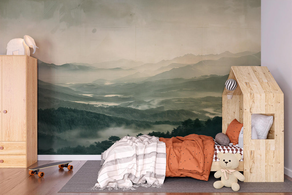 Mountain Landscape Wallpaper Mural – Misty Forest Wall Decor for Bedroom, Living Room or Kids Room – Modern Bold Scenic Accent Wall